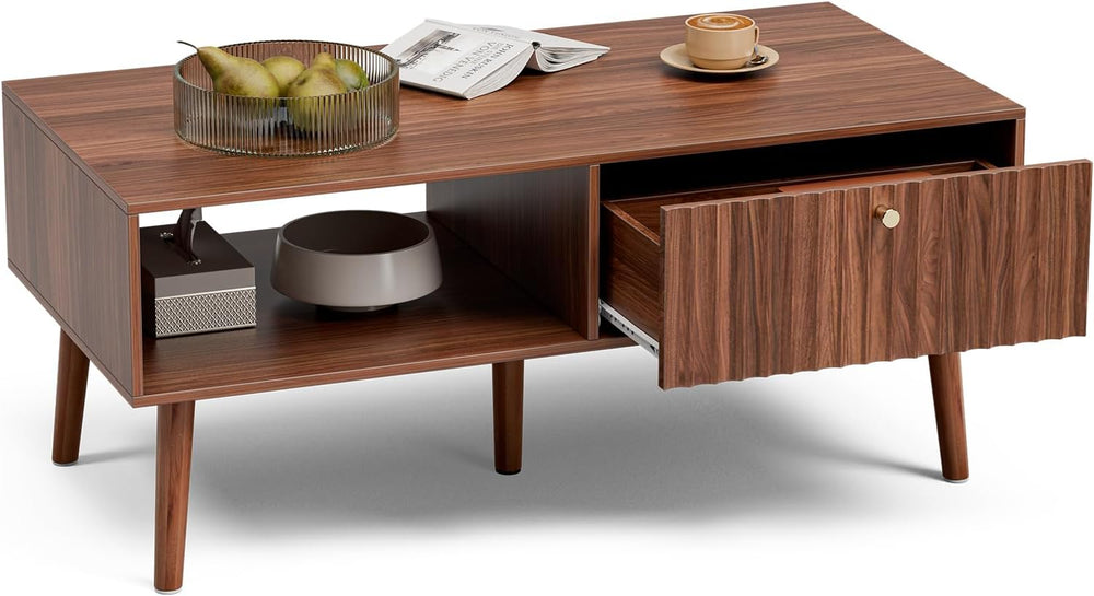LCRBOL Coffee Table with Fluted Drawer, Mid-Century, Walnut