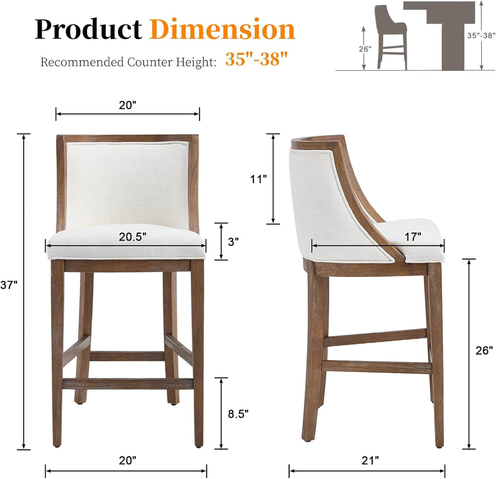 Kmax 26” Counter Height Bar Stool Set of 4, Farmhouse Upholstered Fabric Bars...