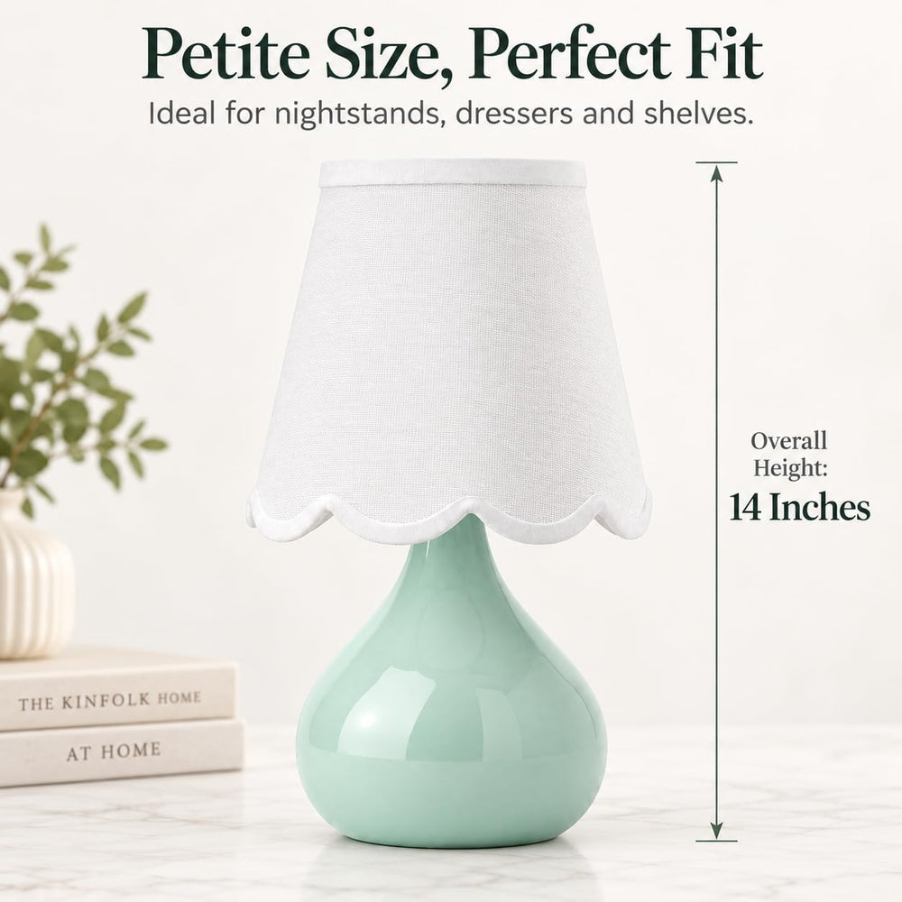 14 Inch Cordless Ceramic Table Lamp with Scalloped Shade, Celadon Green