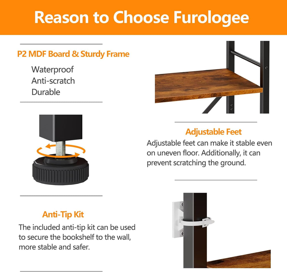 Furologee 5 Tier Bookshelf, Narrow Bookcase, Metal Book Shelf, Rustic Brown