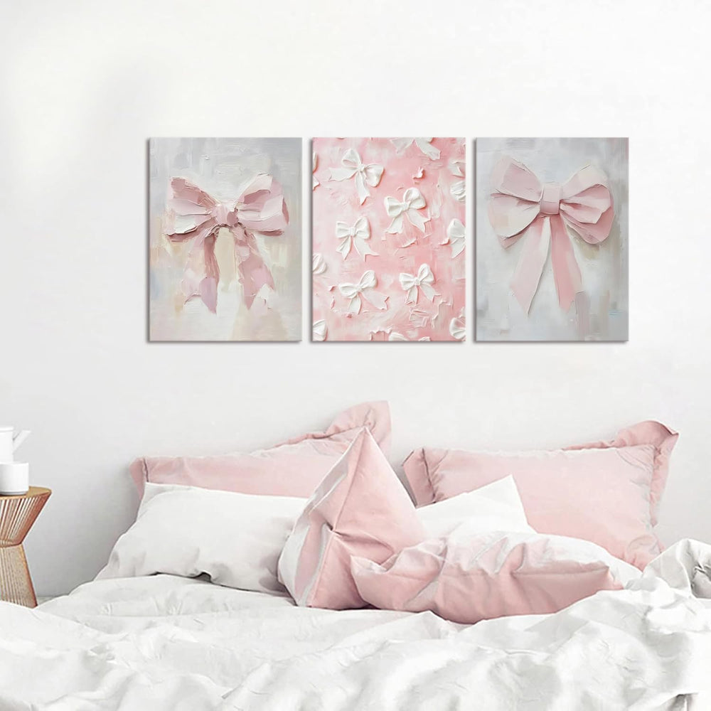 Pink Bow Canvas Wall Art Set of 3 Coquette Oil Painting Cute Bow Posters Wall...