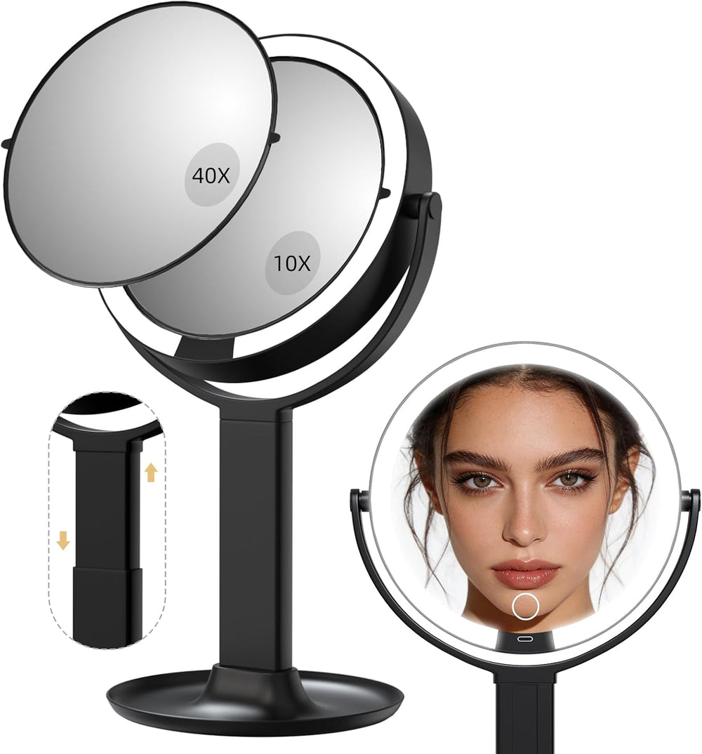2-Sided LED Makeup Magnifying Mirror, Replaceable Magnifying Lenses-40X&10X
