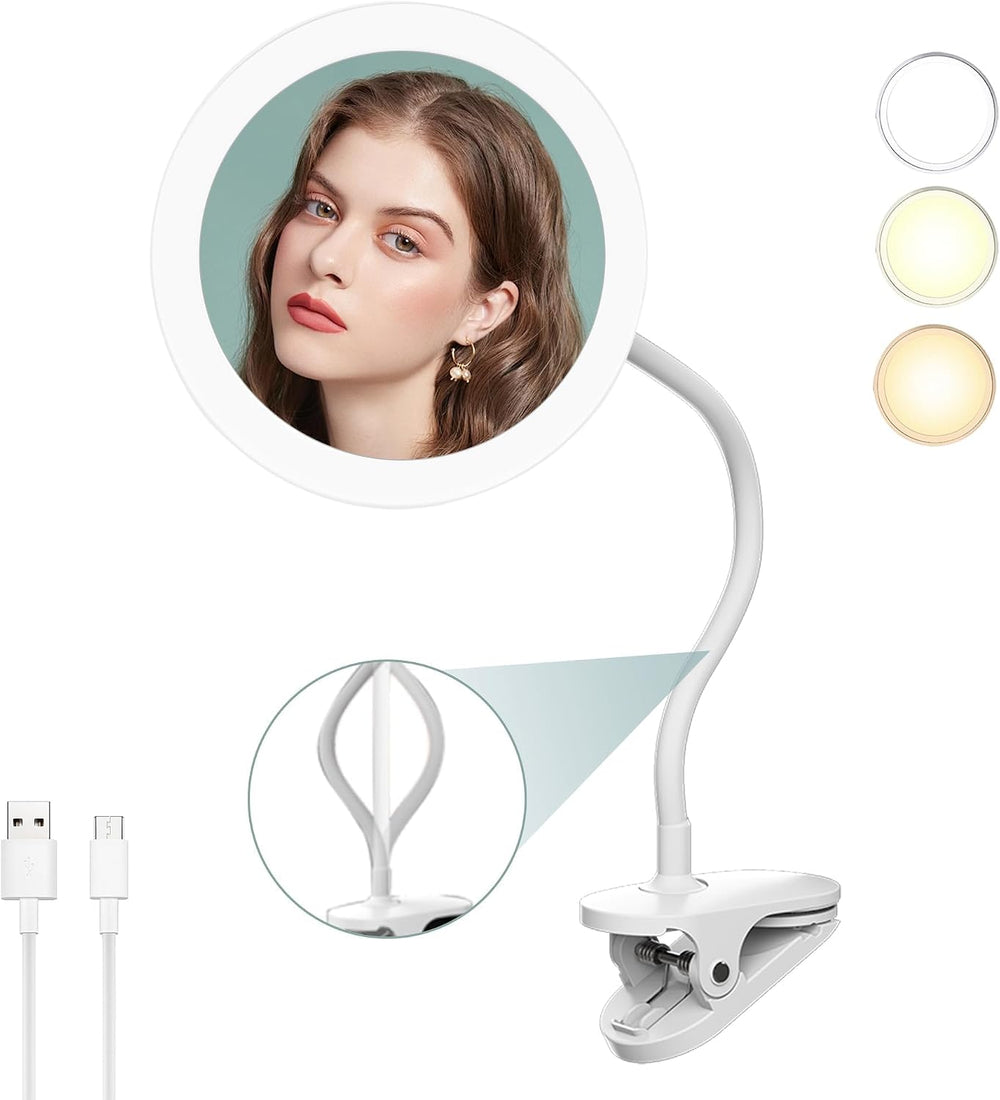 6.5" Clip-On Magnifying Vanity Mirror - 5X Magnification, USB Rechargeab...