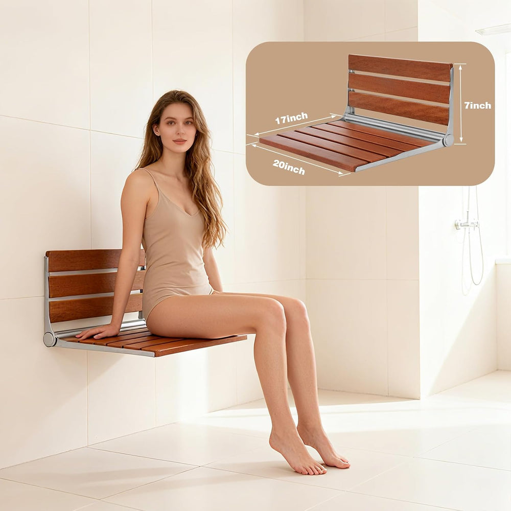 20" Premium Folding Shower Seat Wall Mounted, Durable Teak Wood Shower B...