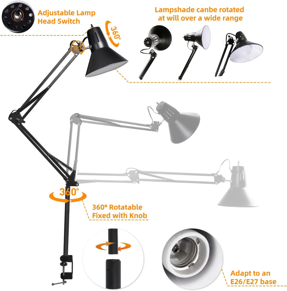 Black Dimmable Desk Lamp with Clamp, Extra-Tall Adjustable Swing Arm