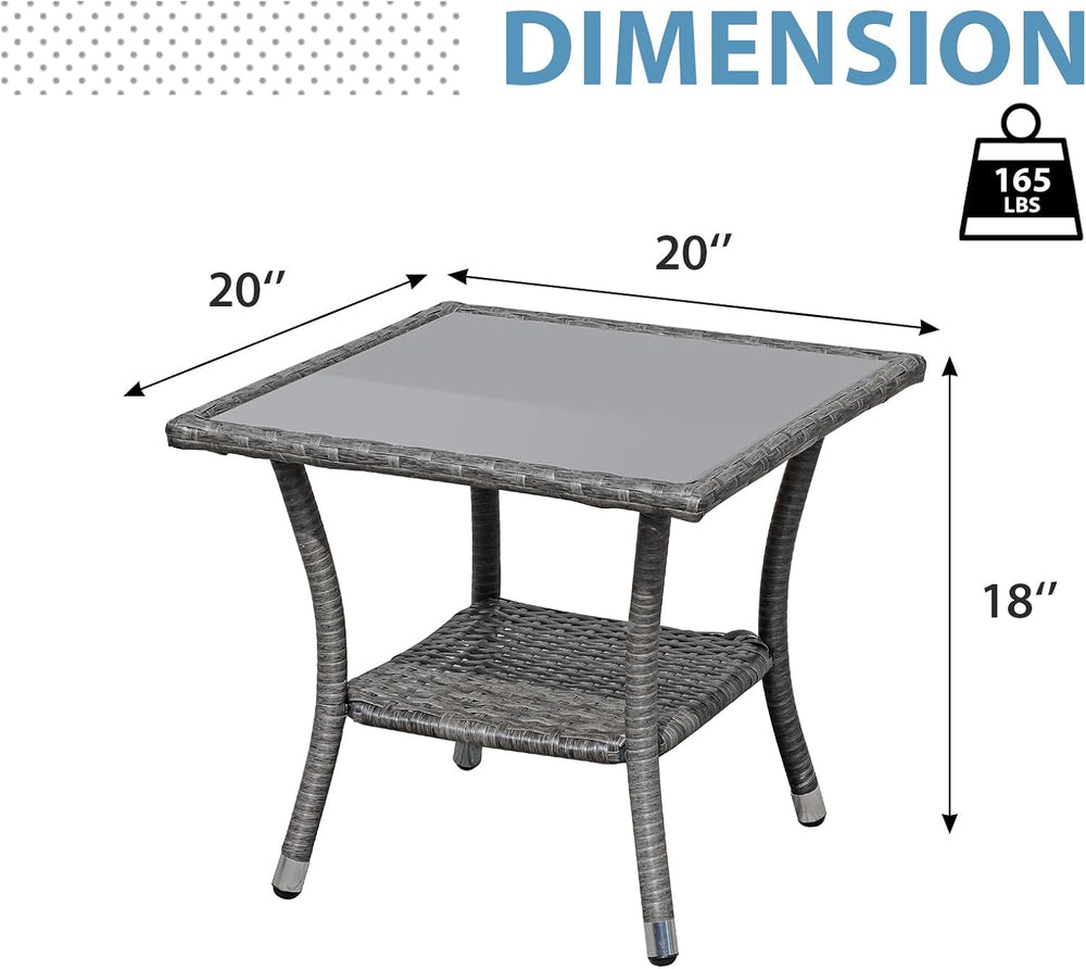 Super Patio Outdoor Side Table, Wicker Patio Coffee Table w/Glass Top, Gray