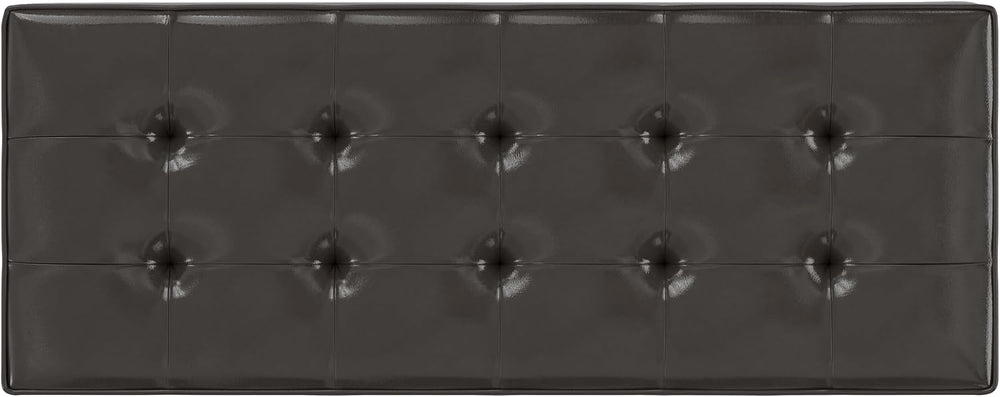 SIMPLIHOME Cosmopolitan 44" Wide Vegan Leather Storage Ottoman in Brown