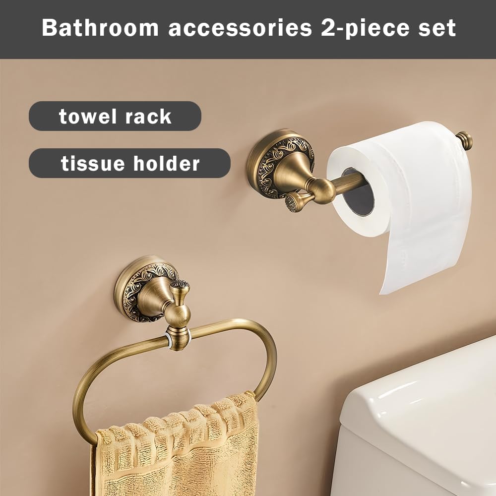 2-Piece Set Antique Brass Toilet Paper Holder, Brass Towel Ring Oval, Hand To...