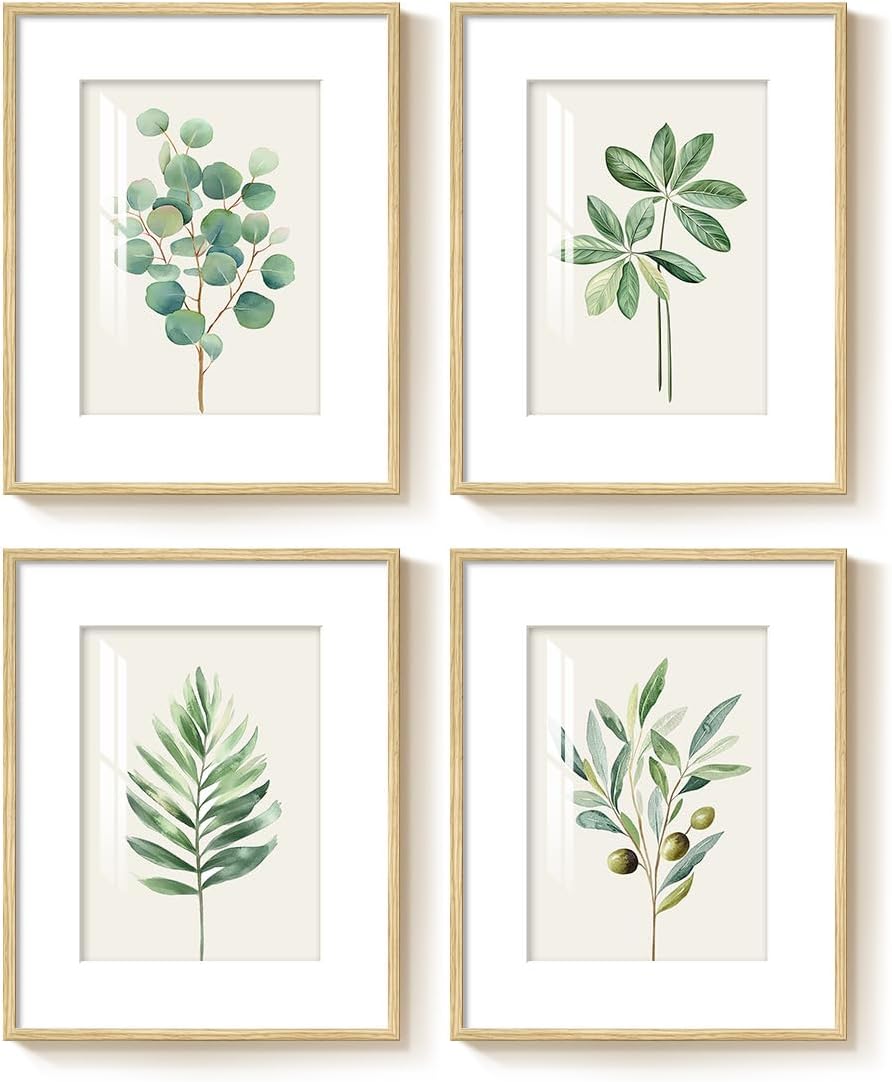 Framed Minimalist Sage Green Botanical Kitchen Wall art, 4 Piece 8x10 In