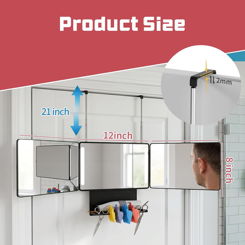 3 Way Mirror for Self Hair Cutting with Storage Shelf, LED Lights
