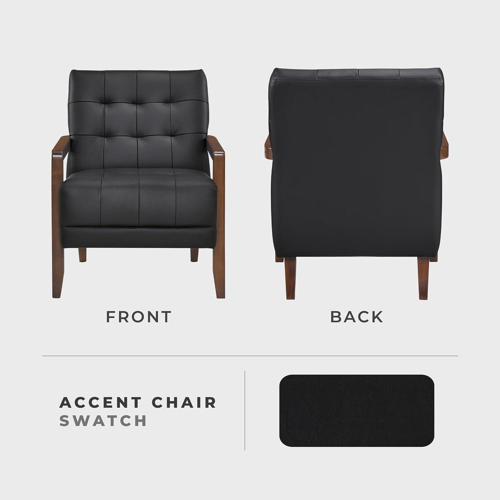 Lexicon Modern Leather Match Accent Chair,Tufted, Solid Wood Arms,Black