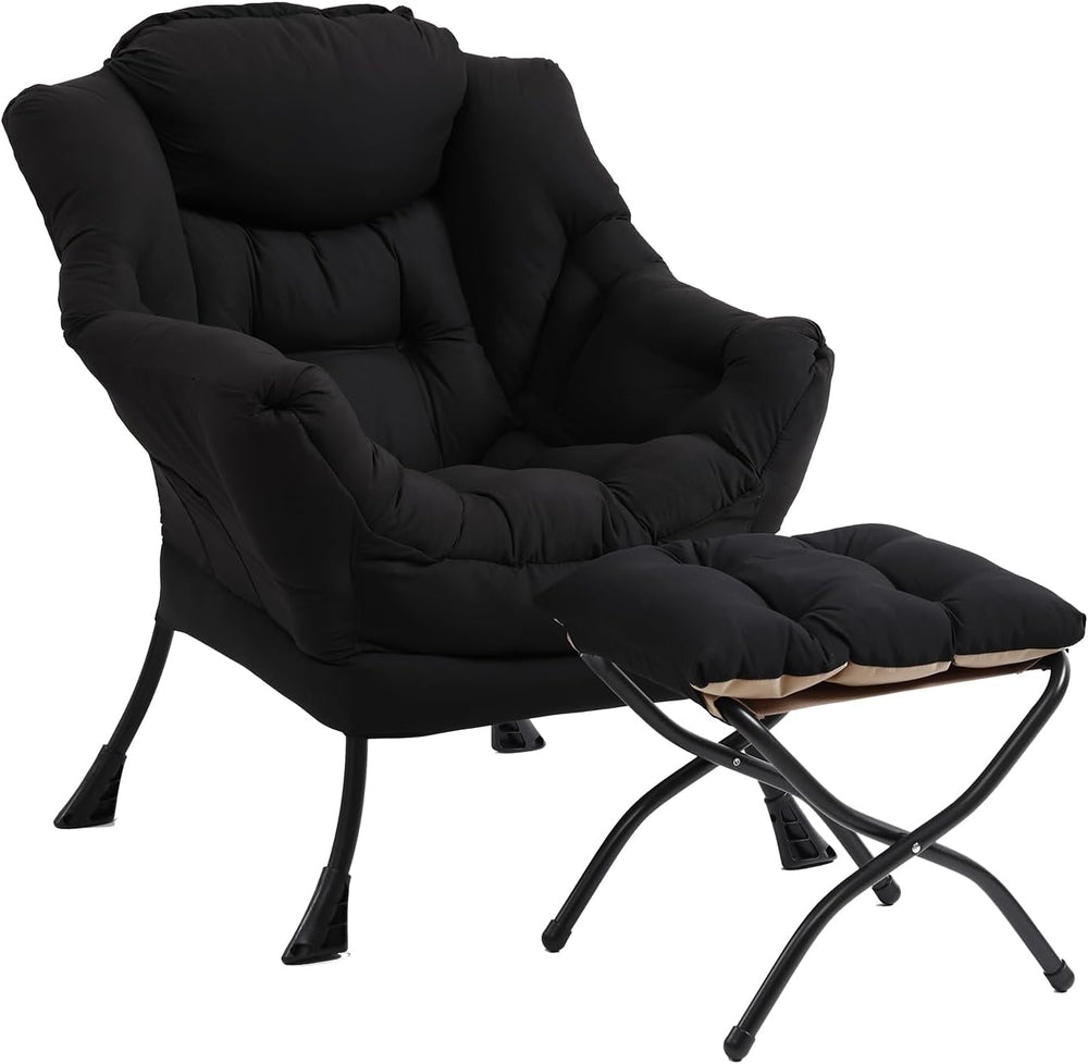 Furlide Lazy Chair with Ottoman, Soft Comfy Chair for Bedroom, Black