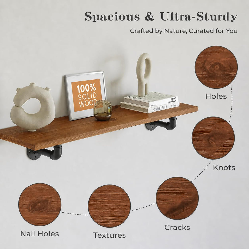 IEO Industrial Pipe Shelving 48 Inch, 2-Tier Walnut Wall Mounted Shelves