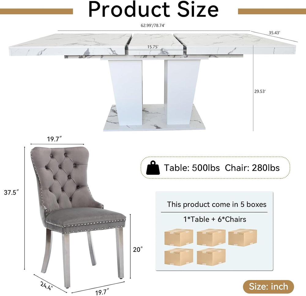 White Faux Marble Dining Room Table Set for 6, 7-Piece 63"-78.74" E...