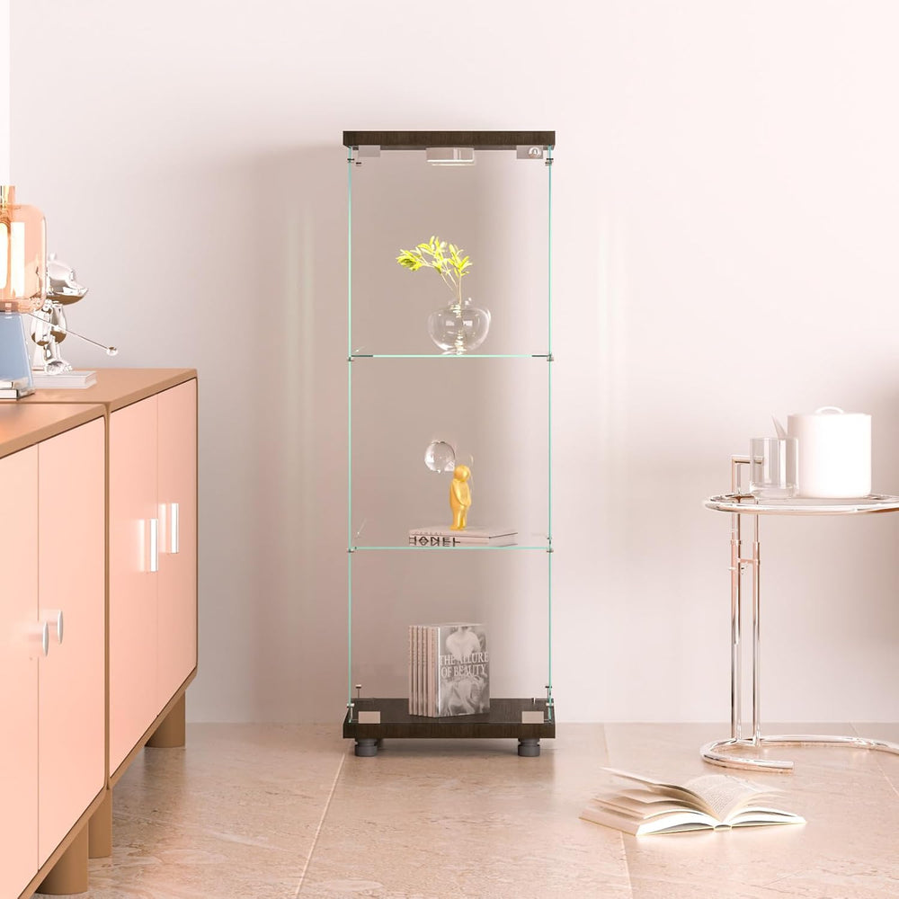 FANYUSHOW Glass Display Cabinet with LED Light & Lock, 1-Door 3-Shelf Black
