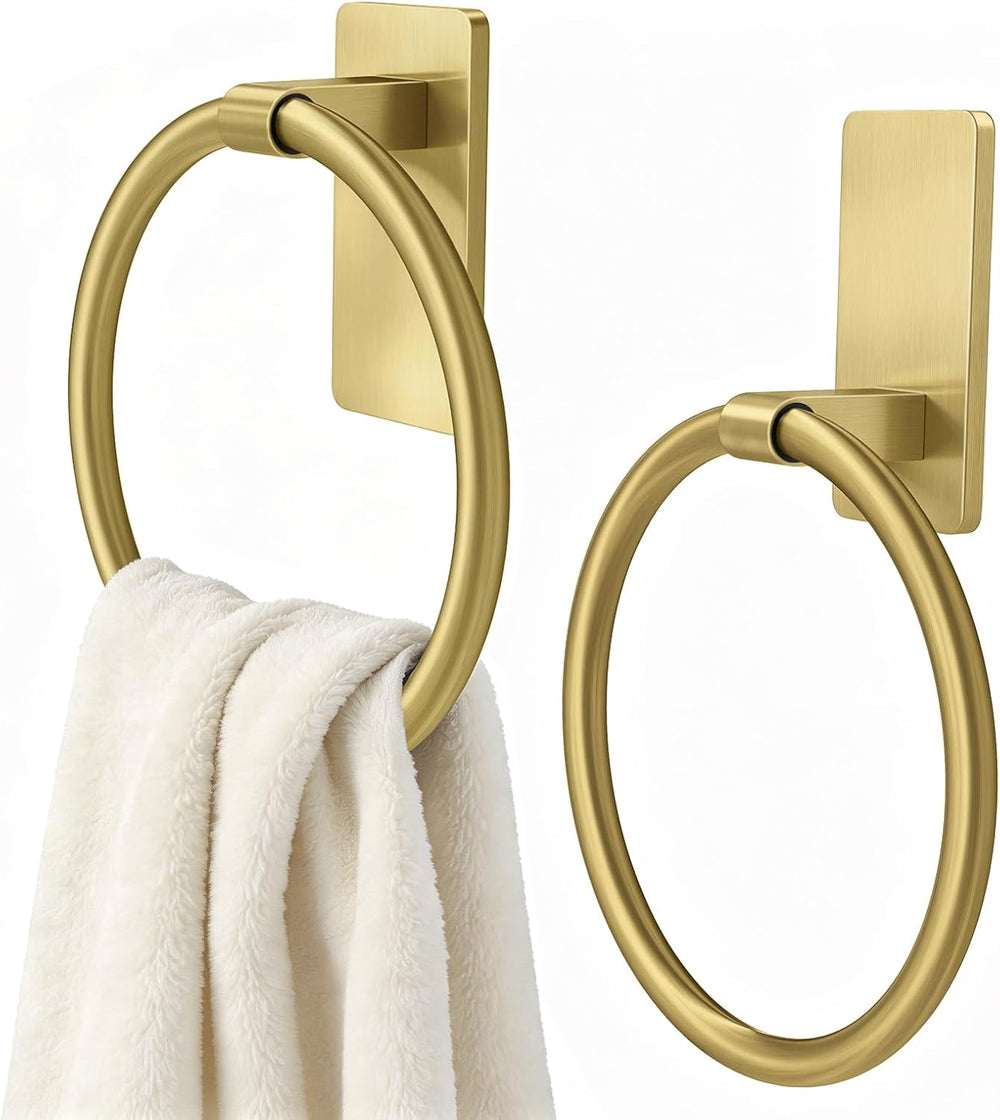 STWWO Gold Towel Ring for Bathroom, Adhesive Hand Towel Holder, 2 Pack