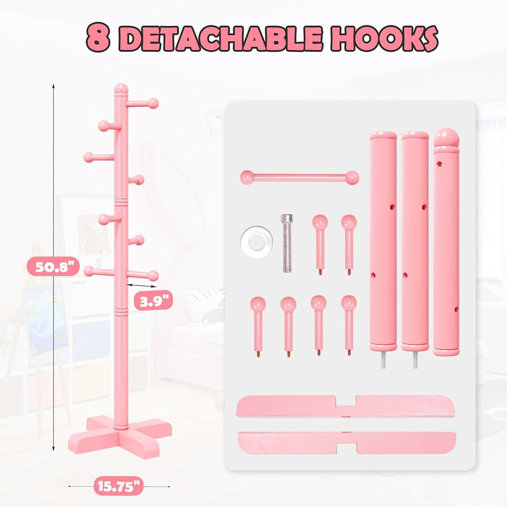 8-Hook Freestanding Wooden Coat Rack 2 Adjustable Heights Pink