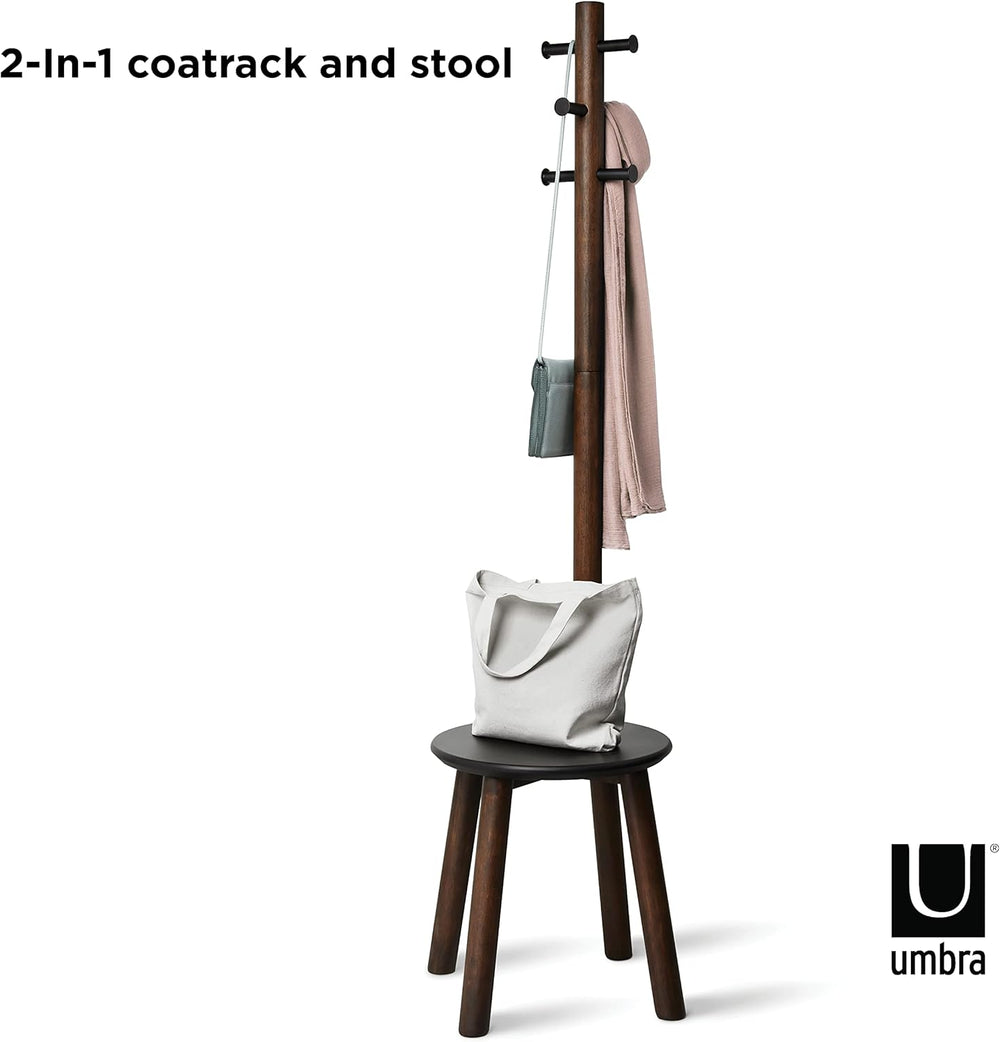 Umbra Pillar Coat Rack with Stool, Freestanding 6 Hooks, Black/Walnut