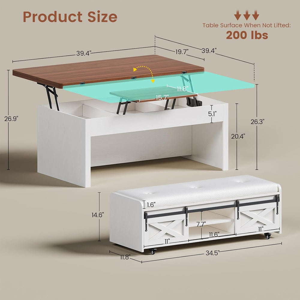 Itaar Lift Top Coffee Table with Storage Bench, Farmhouse Convertible Coffee ...