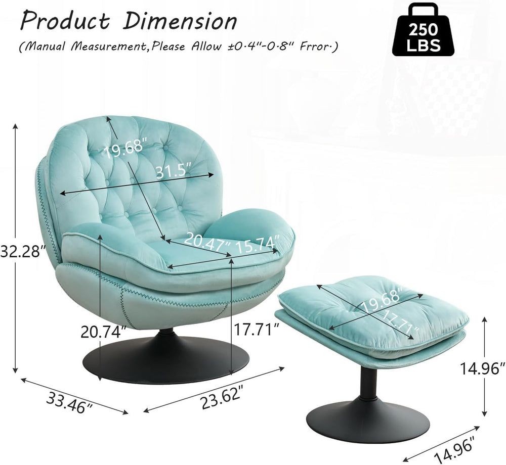Swivel Accent Chair with Ottoman Set, Velvet Modern Lounge Chair with Metal B...