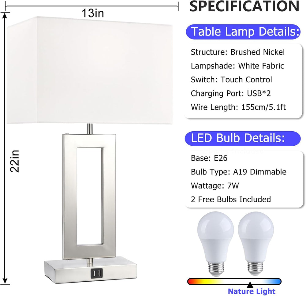 22'' Lamps for Bedrooms Set of 2, Touch Control Table Lamps with 2 US...
