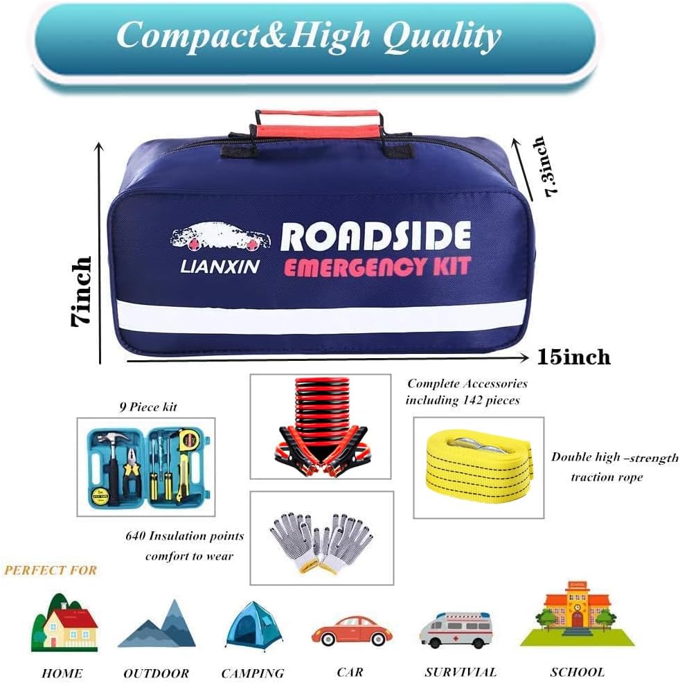 LIANXIN Emergency Roadside Kit for Car,Safety Car Kit with Jumper Cables