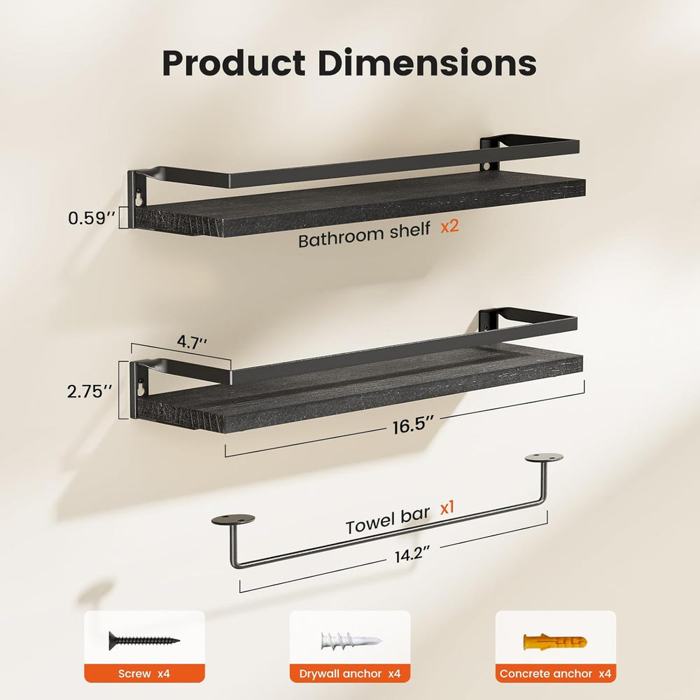 Amada Bathroom Shelves with Towel Bar, Set of 2, Black