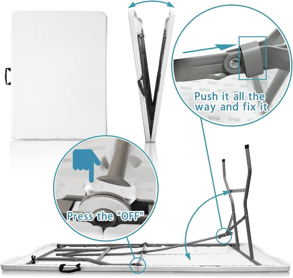 6FT Plastic Folding Table, Fold-in-Half with Carry Handle, White