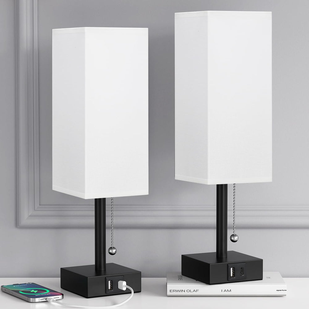 Set of 2 White Bedside Table Lamps for Bedroom - Nightstand Lamp, USB C+A