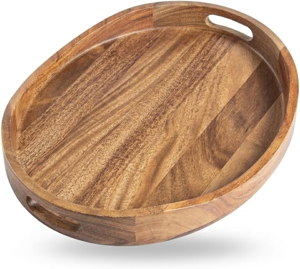 A DURA Acacia Wood Ottoman Tray with Handles, Large Oval Serving Tray
