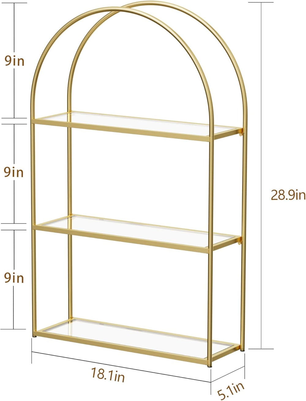 Crofy 3-Tier Arched Wall Shelf with Gold Frame & Transparent Shelves