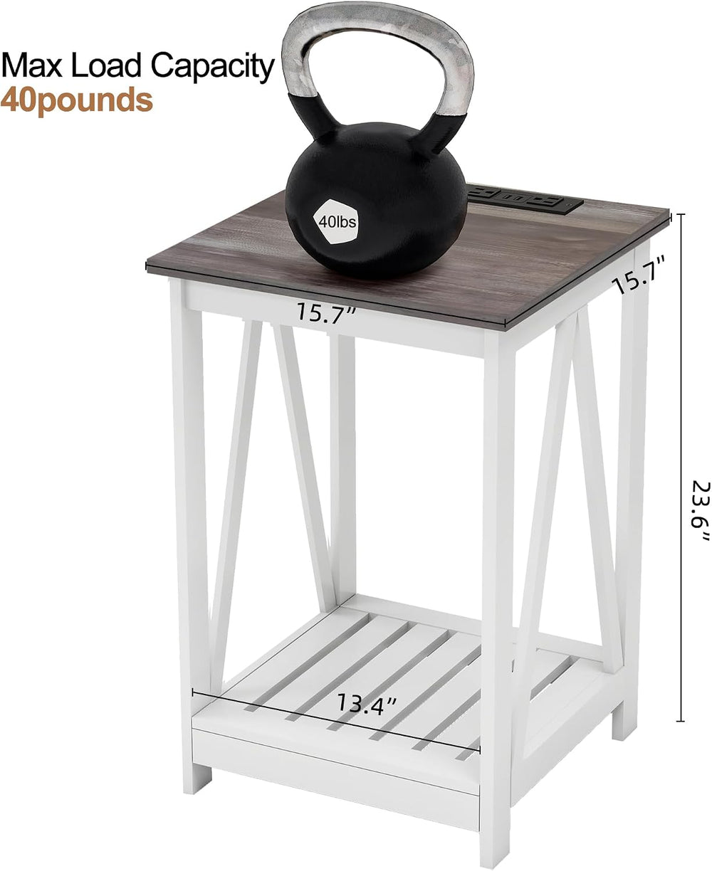 End Table, Farmhouse Square Side Table with 2 USB Ports & 2 Power Outlets