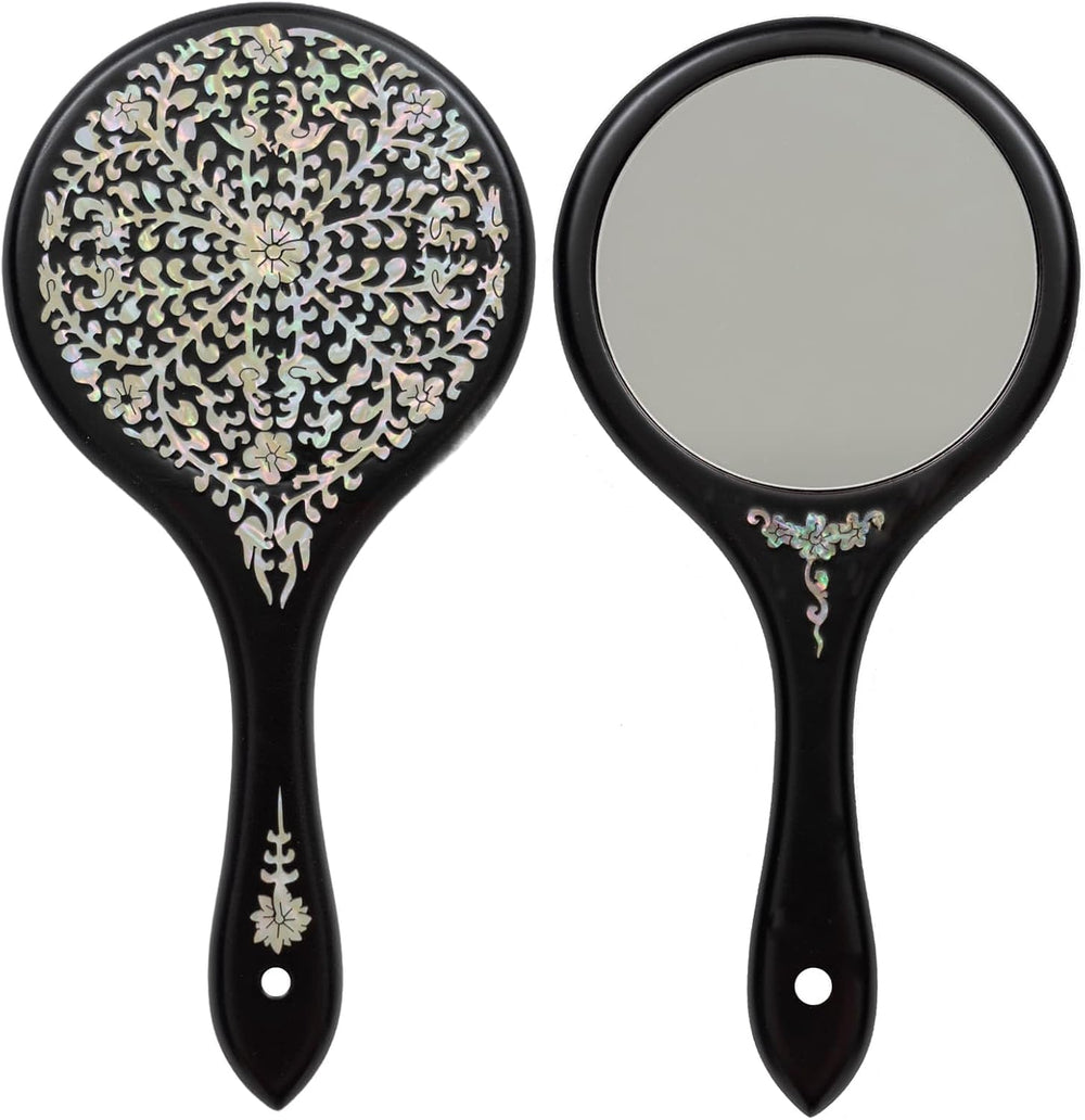February Mountain Mother-of-Pearl Hand Mirror – Korean Black Lacquer Mirror w...
