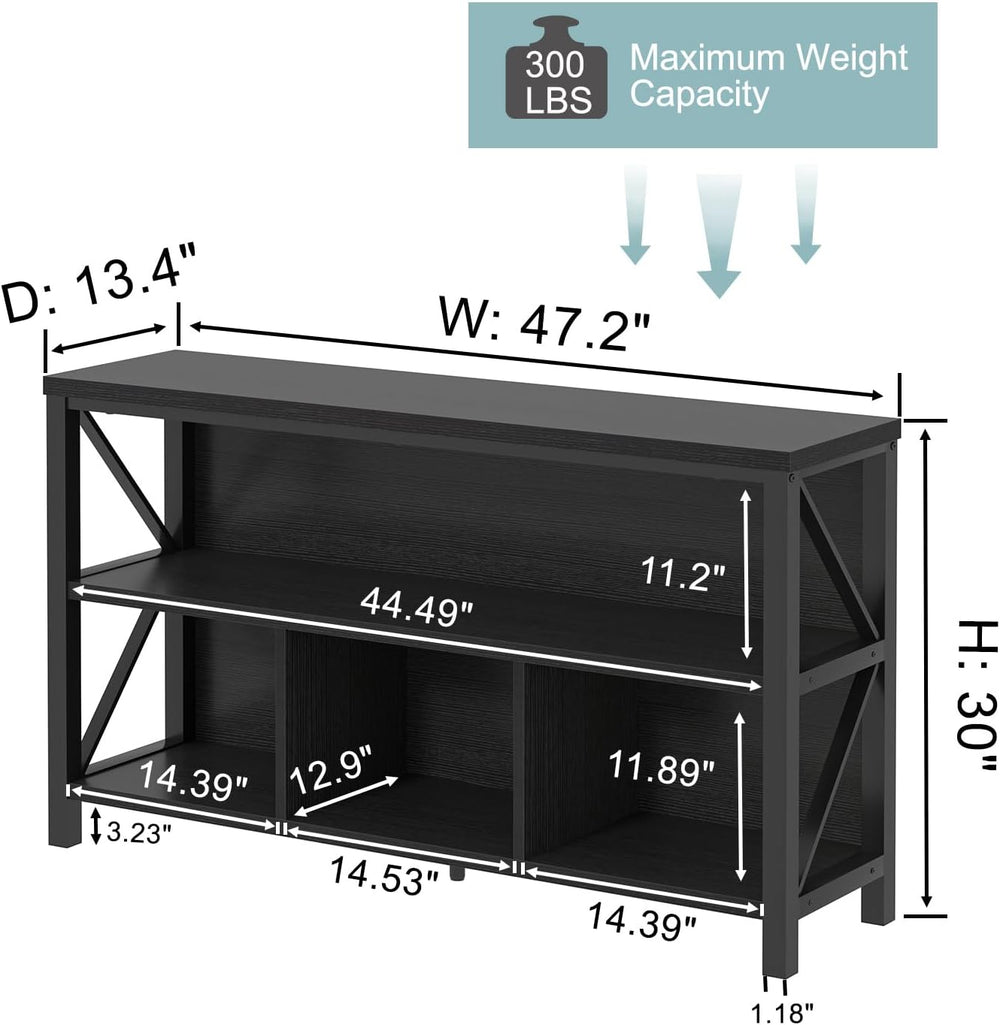 EXCEFUR Modern Black Horizontal Bookshelf, Industrial Wood & Metal Bookca...