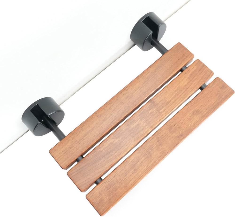 DIYHD 20" Burmese Teak Wood Wall Mounted Folding Shower Bench, Black