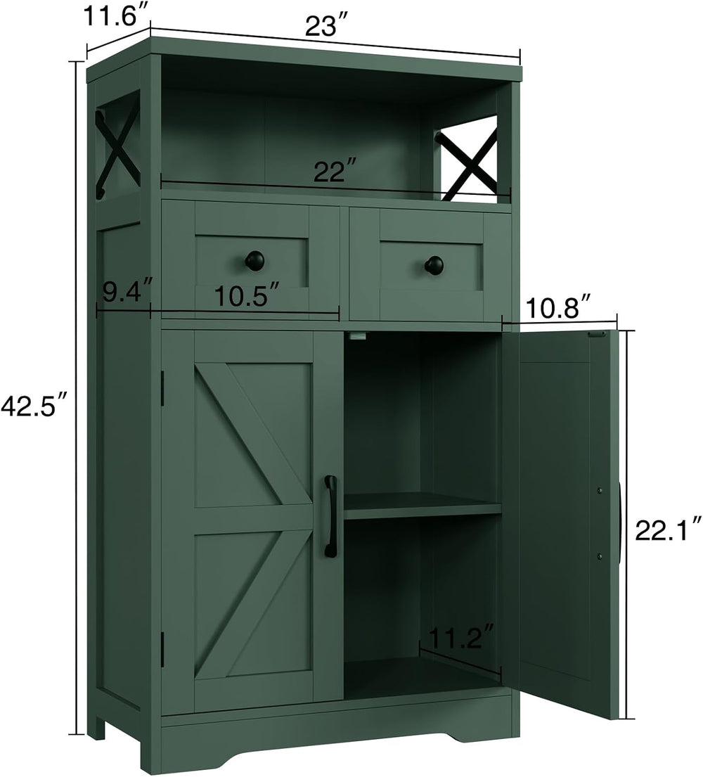 Farmhouse Storage Cabinet with Drawers, Small Kitchen Pantry Cabinet, Green