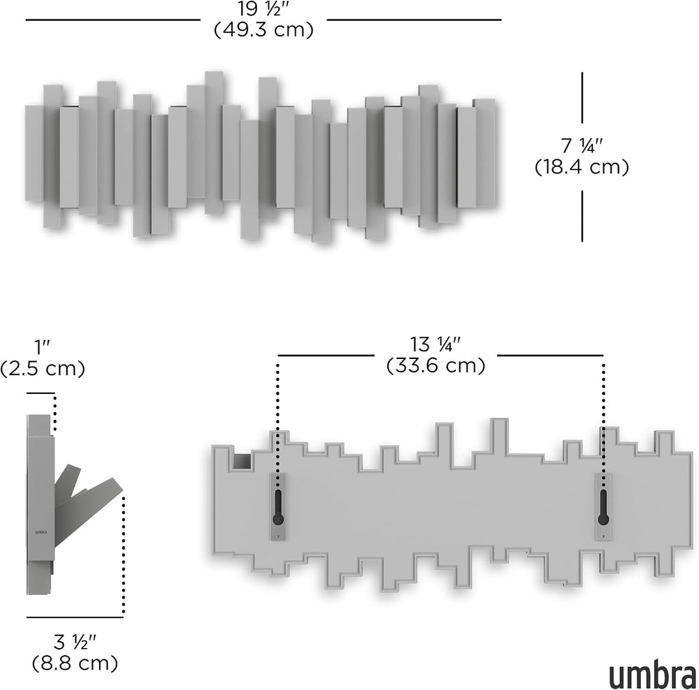 Umbra Sticks Wall Mount Coat Rack, 5 Hook Retractable Pegs, Grey