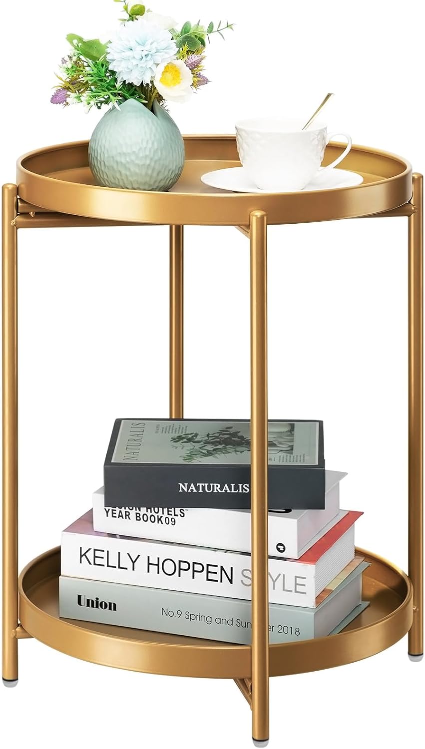 danpinera 2 Tier End Table, Metal Round Side Table with Removable Tray