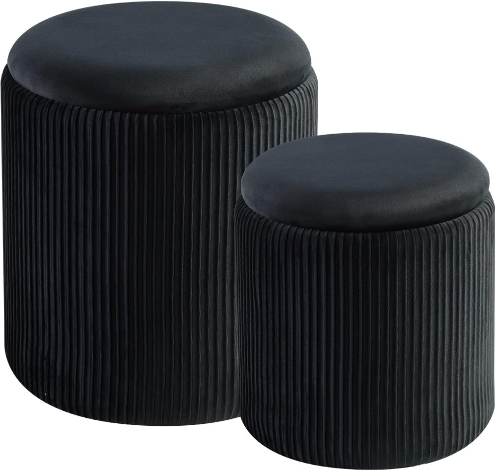 BLEXA Round Ottoman with Storage, Set of 2, Velvet Vanity Stool, Black