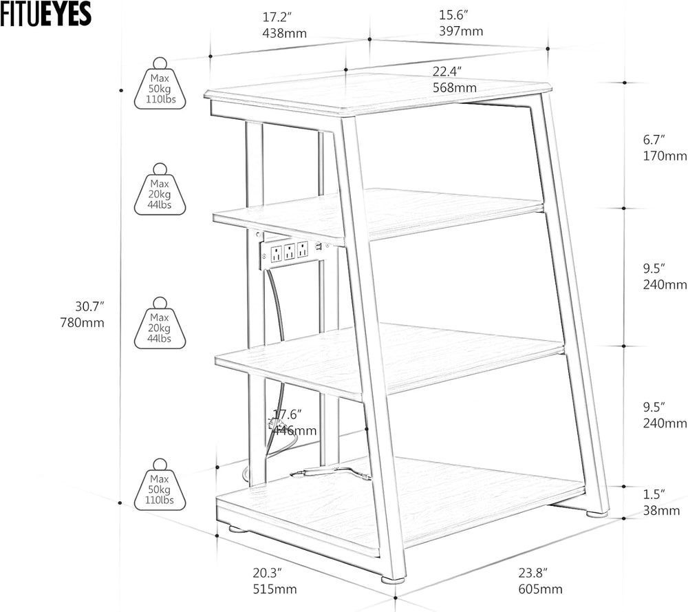 FITUEYES 4-Tier Media Stand with LED Backlight Integrated Power,White Oak