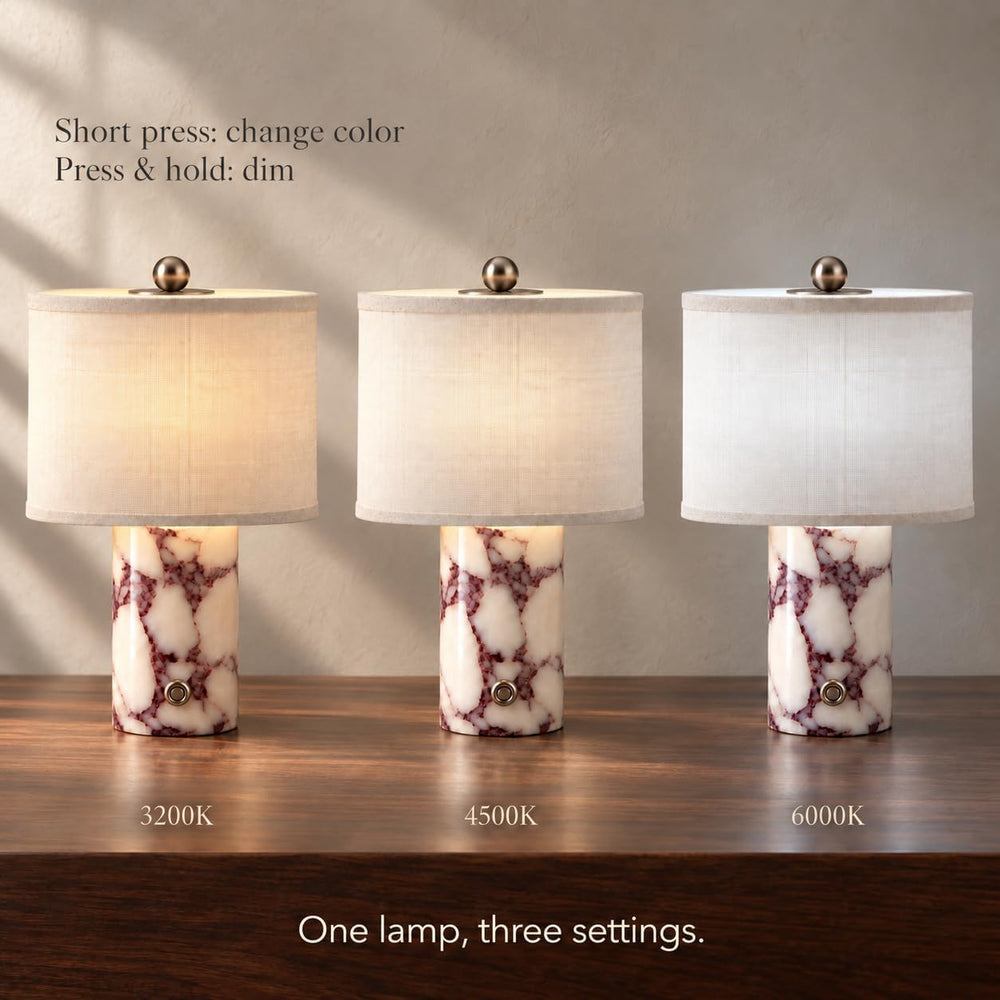 Cordless Marble Table Lamp, Calacatta Viola, White Linen Shade