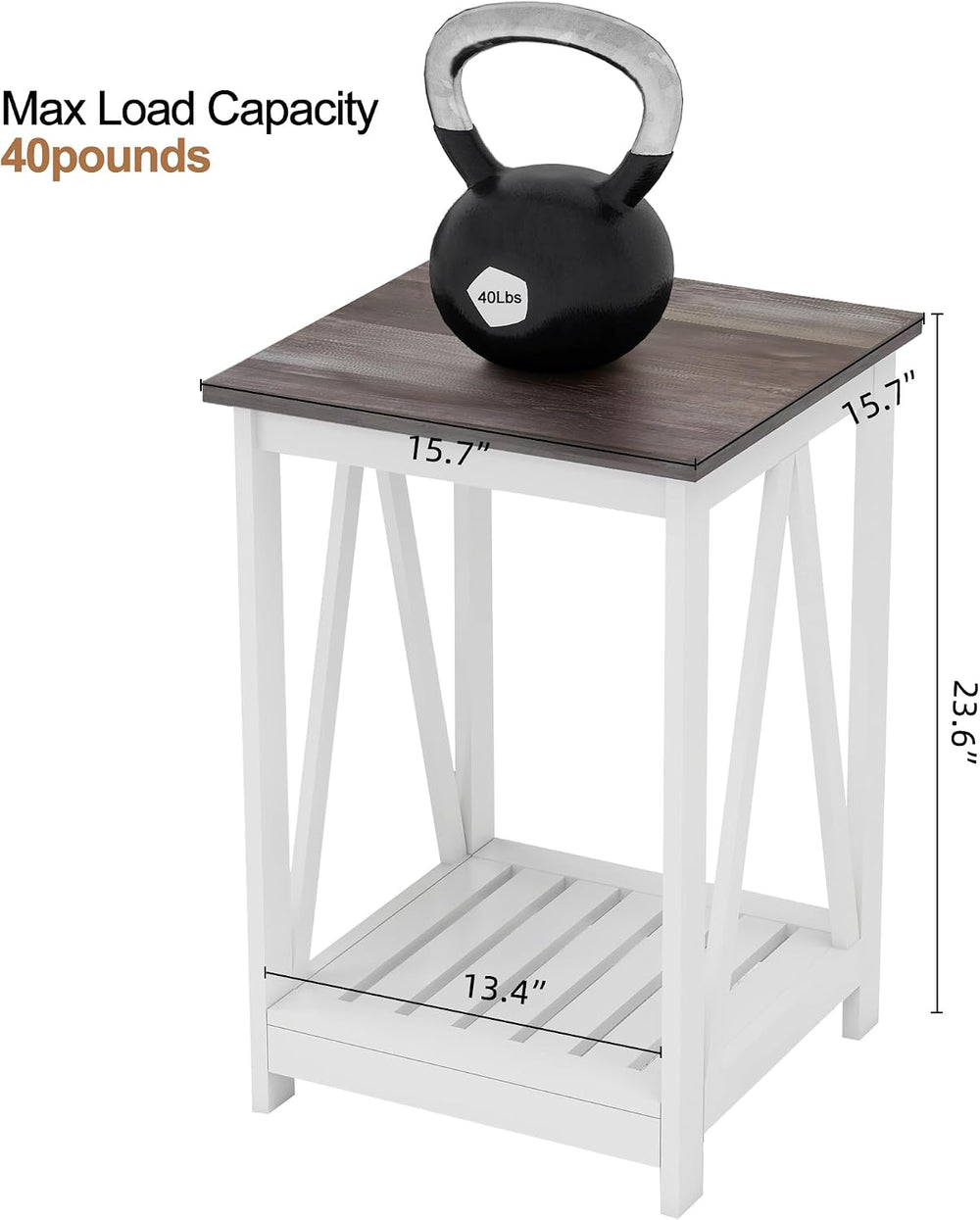 End Table, Farmhouse Square Side Table with Slat Shelf, 15.7" Oak White