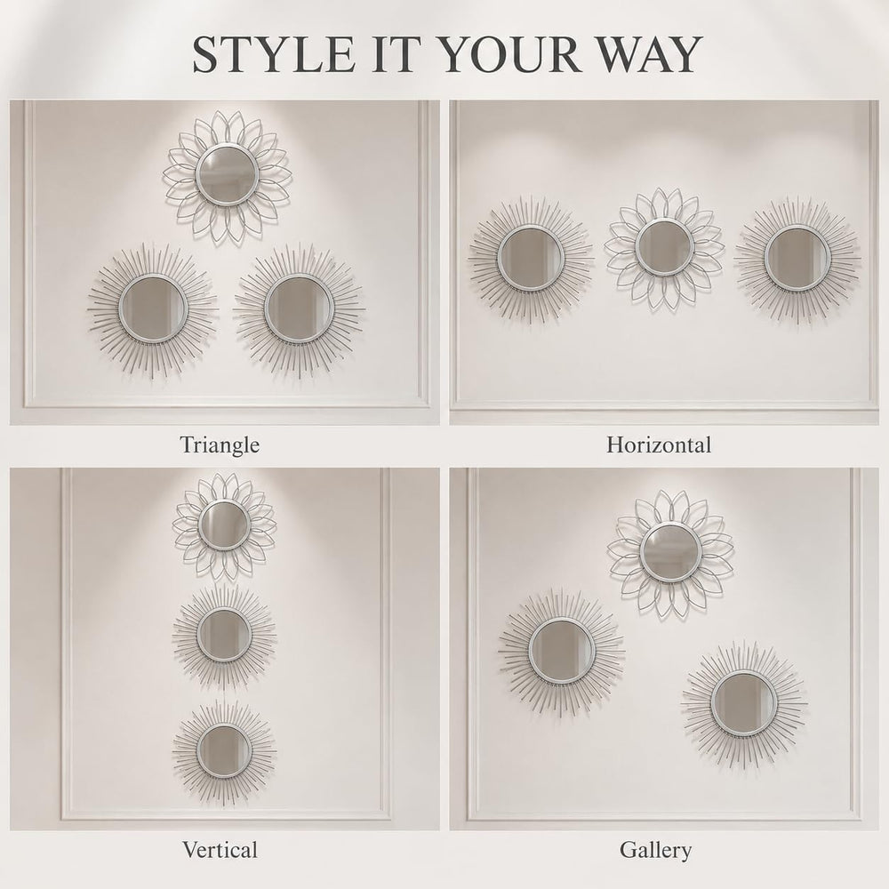 Silver Sunburst Mirror 14x14 Inch, Decorative Wall Accent with Metal Frame, S...