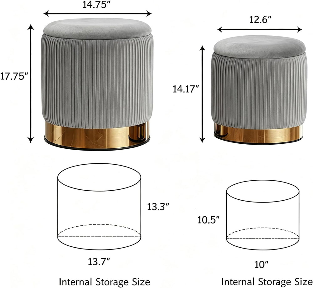 Round Ottoman with Storage Set of 2 Light Gray Velvet Vanity Stool