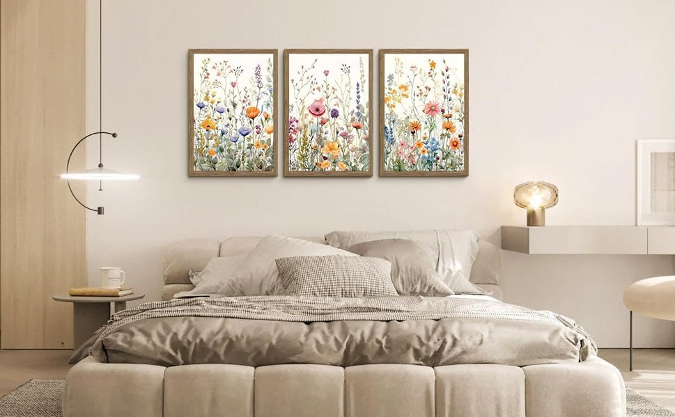 3 Piece Colorful Wildflower Wall Art Set Framed Spring Wall Decor 12x16 In