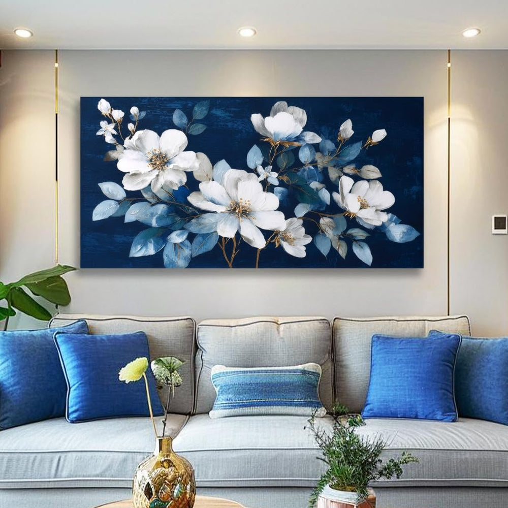JLXART Framed Large Flower Canvas Wall Art Modern White Floral with Blue Back...