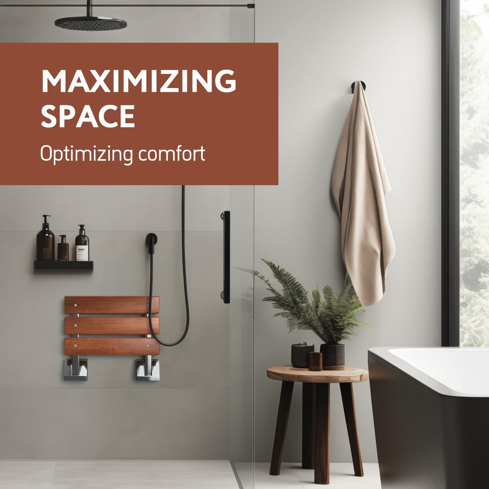 Folding Shower Seat - Wall Mounted - 16 Inch - Fold Down - Teak