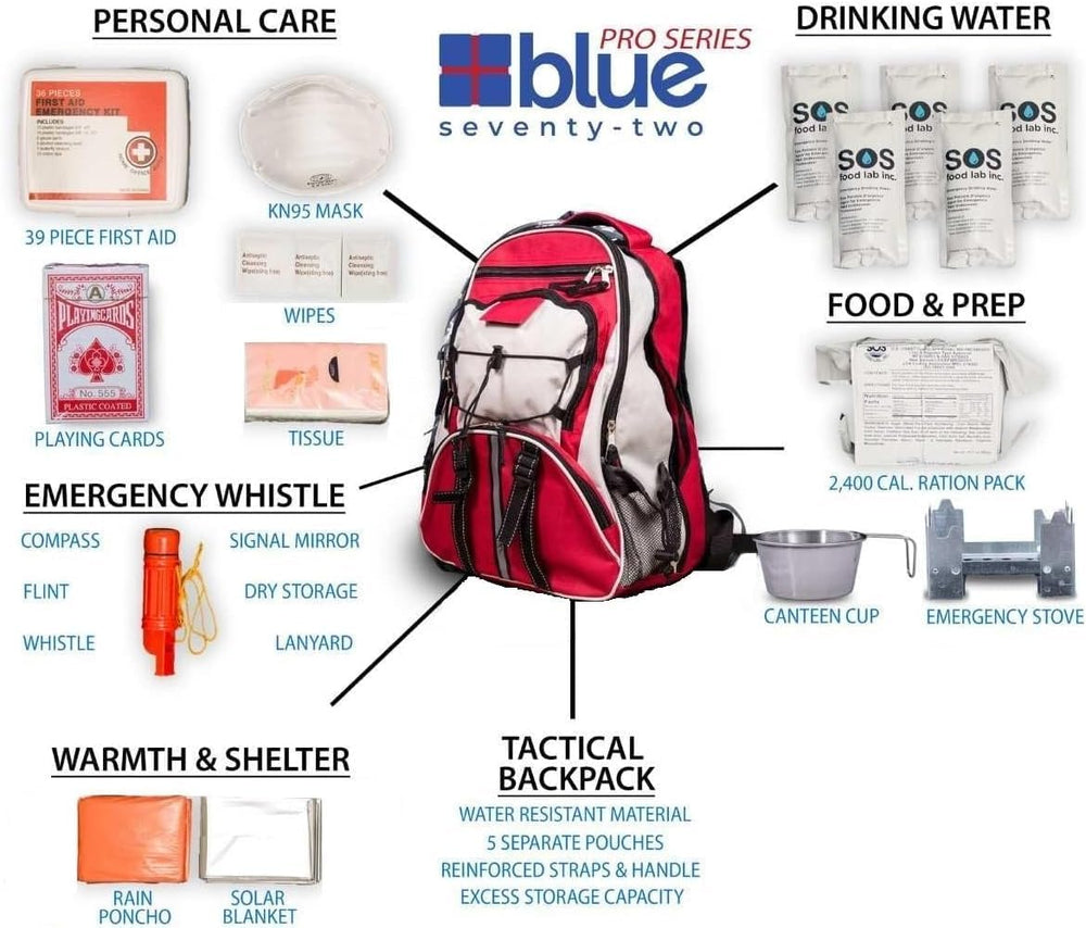 Blue Seventy-Two - Pro Series - Red Deluxe 72 Hour Emergency Backpack Surviva...