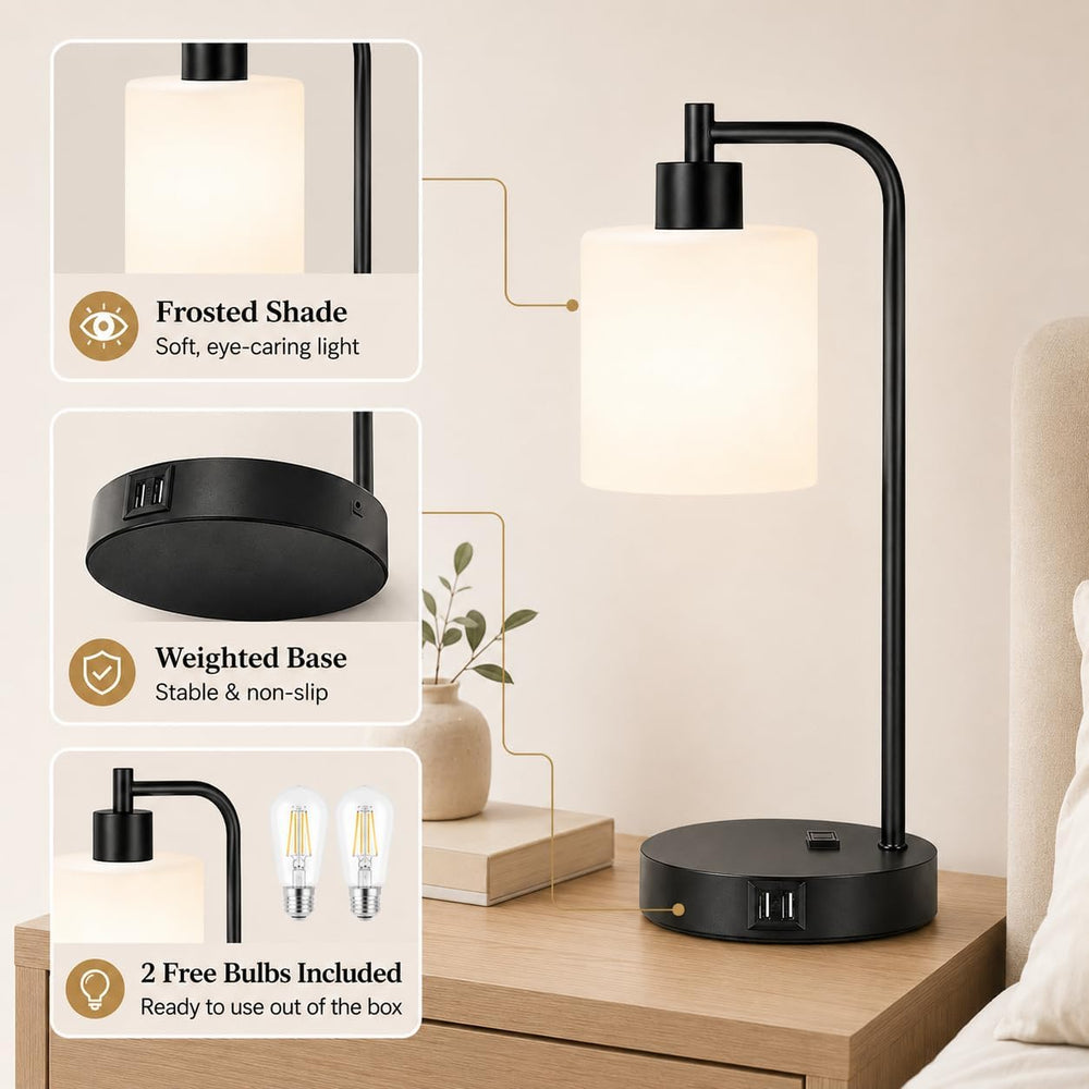 Set of 2 Industrial Touch Control Table Lamps with 2 USB Ports and AC Outlet ...