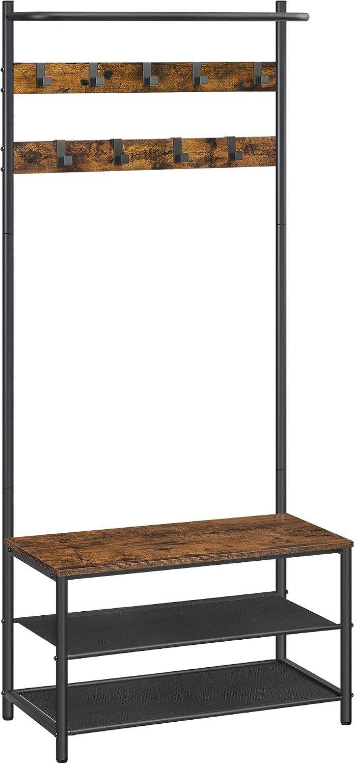 VASAGLE Hall Tree with Bench and Shoe Storage, 9 Movable Hooks, Top Bar
